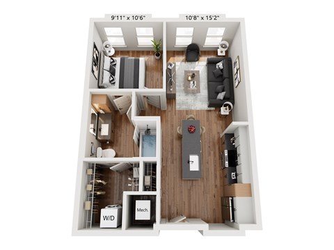 Floor plan for 1 bed, 1 bath, 644 sqft